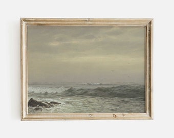 Neutral Coastal Wall Art, Vintage Seascape Painting, Antique Lake House Print, Beach House Decor