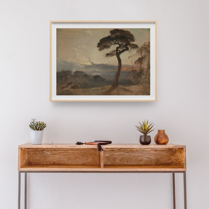 Romantic Sunset Landscape Art, Dark and Moody Antique Oil Painting, Premium Fine Art Print