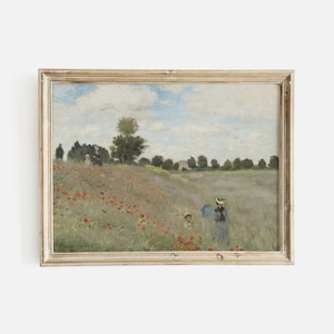 Vintage Poppy Field Landscape Art Print: Muted French Countryside