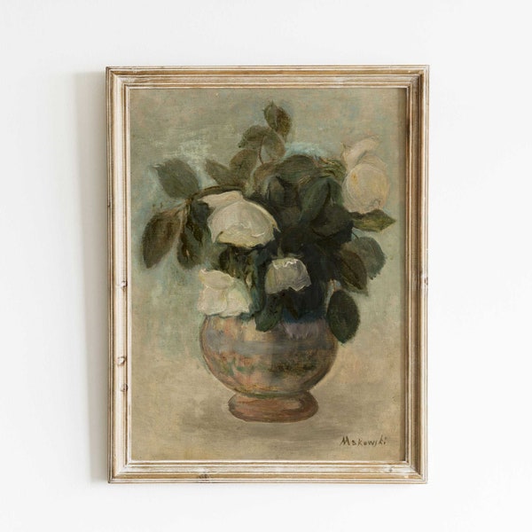 Peinture à l'huile ancienne de roses, impression d'art botanique vintage