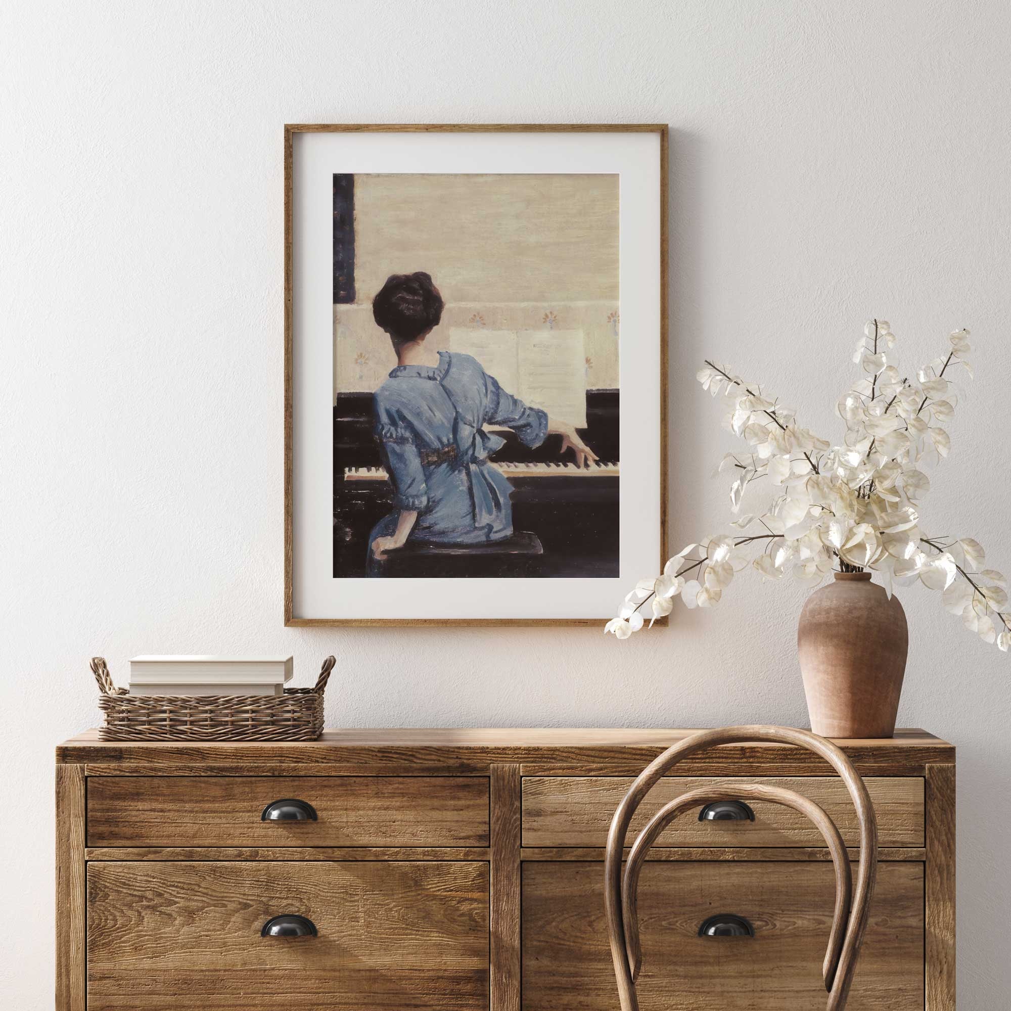 Vintage Portrait Woman Playing Piano, Female Pianist Painting, Antique ...