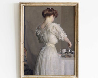 Woman Pouring Tea Vintage Portrait, Domestic Scene Artwork, Neutral Antique Oil Painting, Printed and Shipped, Hartsholme Prints