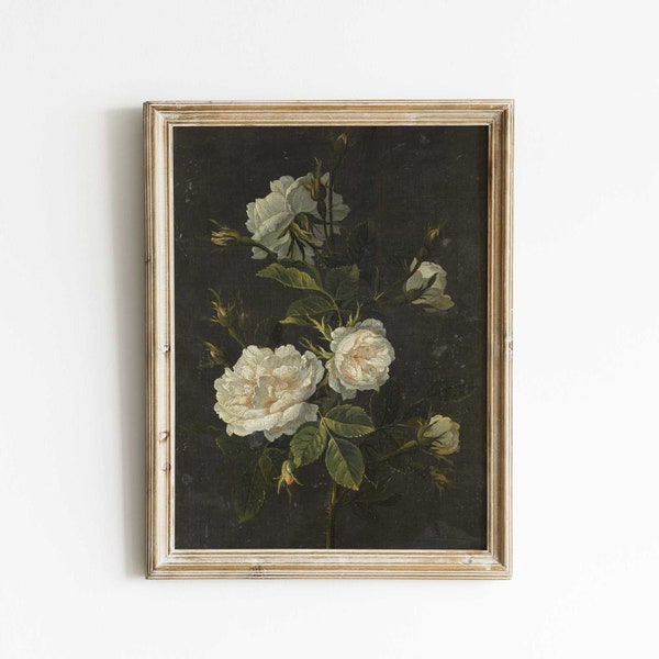 Roses French Still Life Art Print: Dark Vintage Oil Painting
