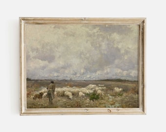 Landelijke boerderij vintage schilderij, landschap met schapen muurkunst, gedrukt en verzonden - Hartsholme Prints