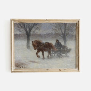 Winter Sleigh ride Painting, Christmas Scenery, Vintage Holiday Decor,  Premium Fine Art Print