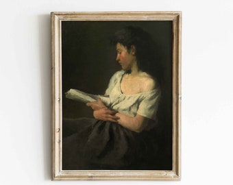 The Reading Girl, Dark Vintage portrait, Print of Antique Oil Painting