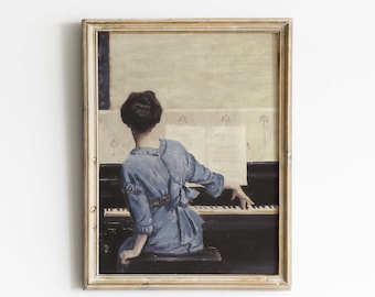 Vintage Porträt einer Frau, die Klavier spielt, Gemälde einer Pianistin, antike Bauernhaus-Portraitkunst