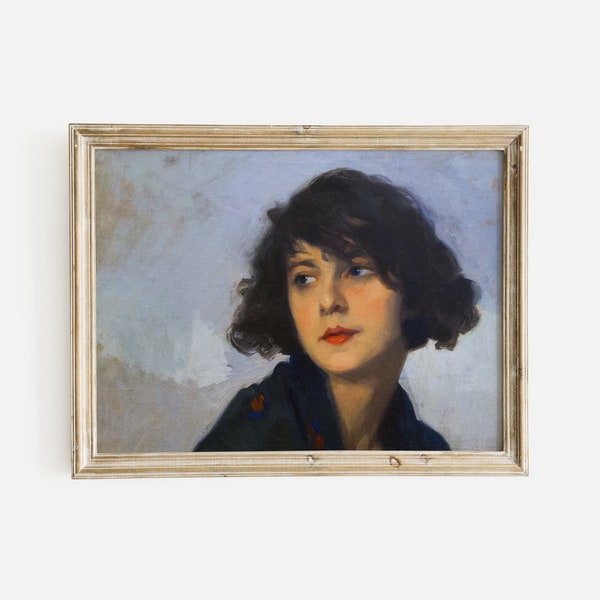 Moody French Woman Vintage Portrait, Antique Oil Painting Print