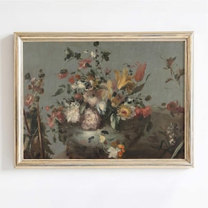 May include: A vintage oil painting depicting a still life of a vase filled with a variety of colourful flowers. The vase is decorated with a floral pattern and sits on a table with a dark brown surface. The background is a muted blue-grey colour.