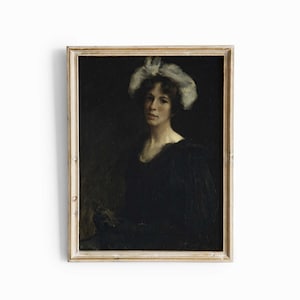 Portret kobiety w stylu vintage w czerni, wydruk nastrojowego, ciemnego portretu olejem
