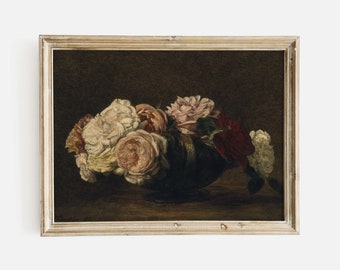 Moody Roses Painting, Dark Floral Still Life Oil Painting, Premium Fine Art Print