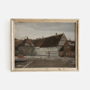 Vintage European Village Painting, Warm Tone Landscape Wall Art, Moody Cottage Wall Decor