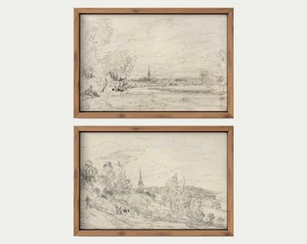 Vintage Landscape Drawing Prints: Minimalist Countryside Wall Art Set