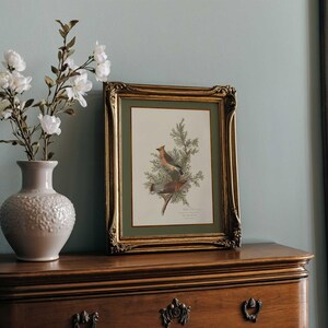May include: A framed bird print with a gold ornate frame rests on a wooden dresser. The print features two birds perched on a branch with green foliage. A white vase with white flowers sits to the left of the framed print.