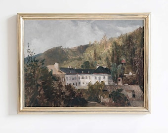 European Estate Print: Moody Vintage Oil Painting Landscape Art