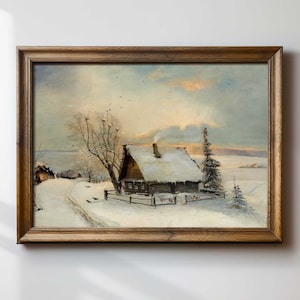 Vintage Neutral Village Landscape Print, Winter Antique Oil Painting, Rustic Farmhouse Wall Decor