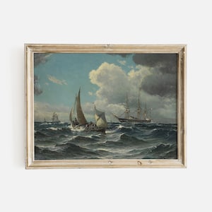 Paesaggio marino, onde forti e dipinto marino di barca da pesca, stampa artistica di alta qualità di un dipinto a olio antico