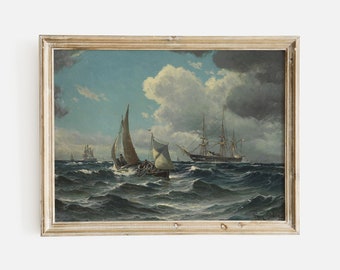 Meereslandschaft, starke Wellen und Fischerboot-Marinemalerei, Premium-Fine-Art-Druck eines antiken Ölgemäldes
