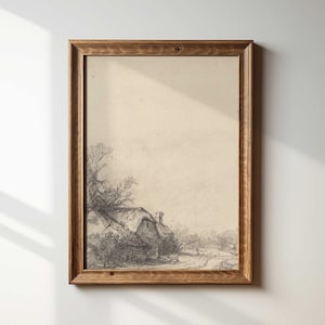 Antique Cottage Etching Print: Minimalist Country Wall Art