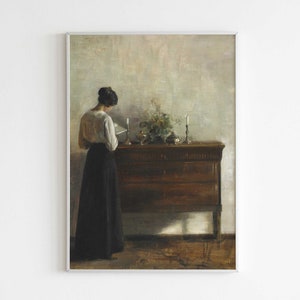 Vintage Portrait Woman Reading, Interior Scene, Print of Antique Oil Painting image 5