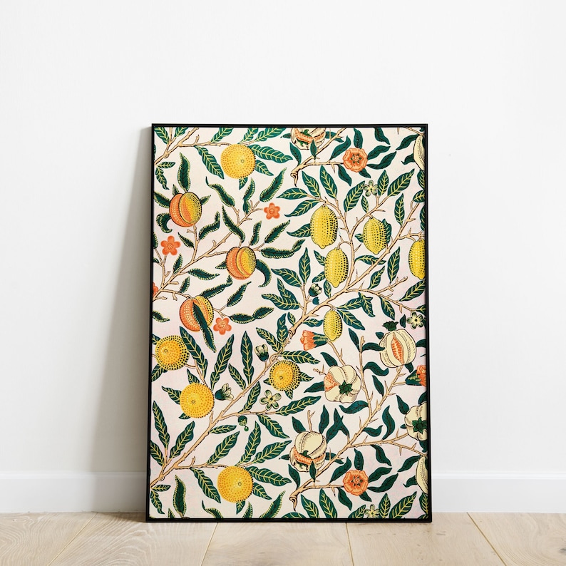 May include: A framed print of a vintage botanical illustration featuring a repeating pattern of green leaves, orange peaches, and yellow lemons on a cream background.