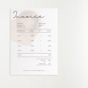 May include: A minimalist invoice template with a light brown watercolor background. The invoice includes a description, price, quantity, and total for four items. The total amount due is $604.