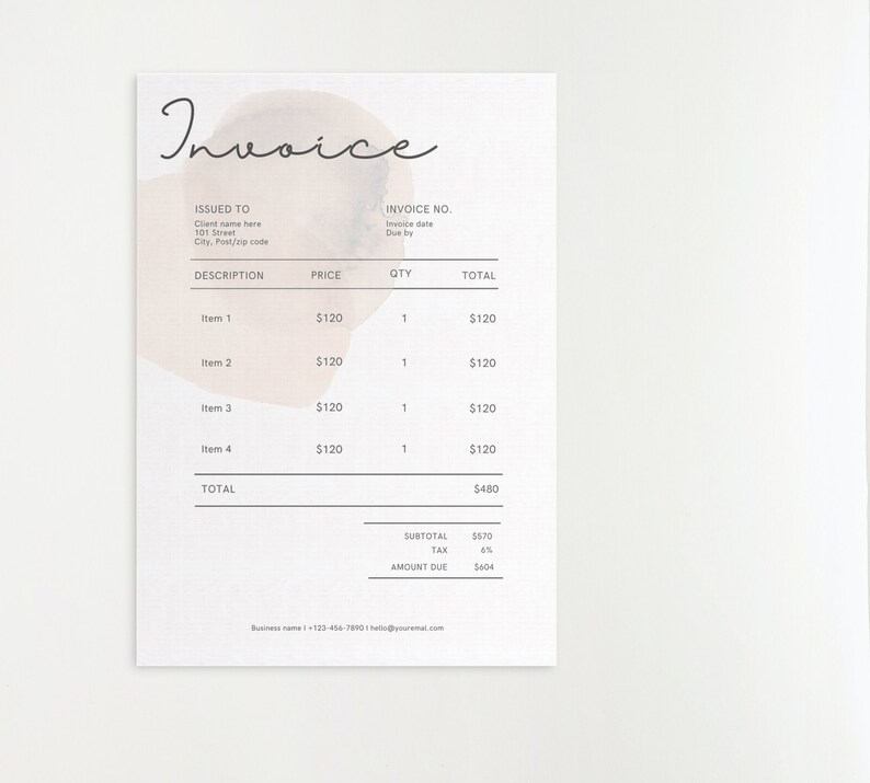 May include: A minimalist invoice template with a light brown watercolor background. The invoice includes a description, price, quantity, and total for four items. The total amount due is $604.