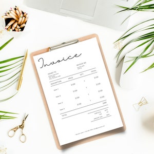 May include: A simple invoice template with a black and white design. The template includes sections for the invoice number, issued to, description, price, quantity, and total. The template is on a clipboard with a brown background.