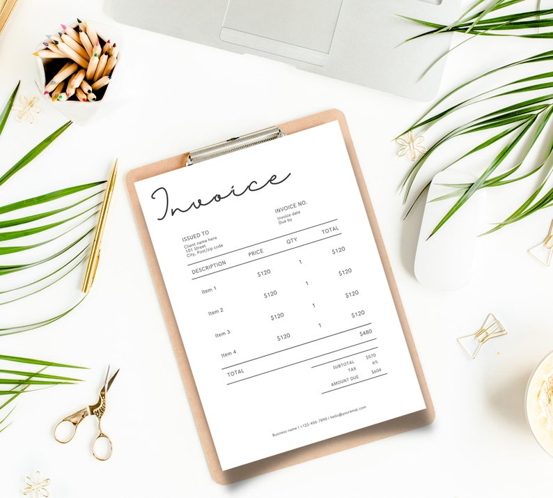 May include: A simple invoice template with a black and white design. The template includes sections for the invoice number, issued to, description, price, quantity, and total. The template is on a clipboard with a brown background.