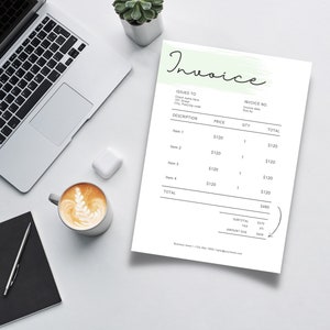 May include: A black and white invoice with a green brushstroke design at the top. The invoice is titled "Invoice" and includes a description, price, quantity, and total for four items. The subtotal is $480, the tax is $27.0, and the amount due is $504.