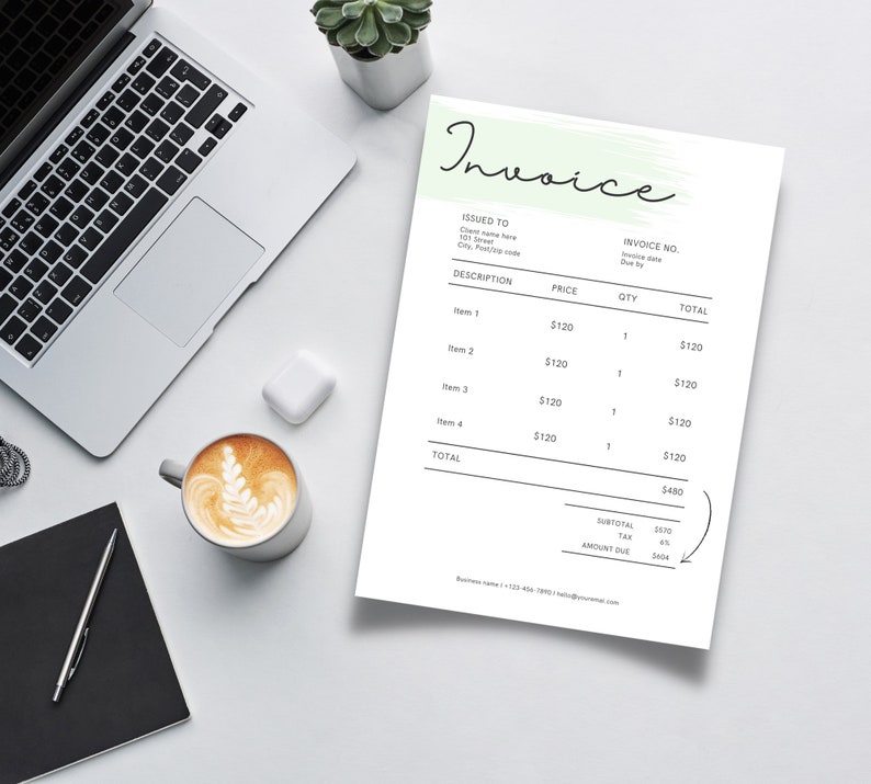 May include: A black and white invoice with a green brushstroke design at the top. The invoice is titled "Invoice" and includes a description, price, quantity, and total for four items. The subtotal is $480, the tax is $27.0, and the amount due is $504.