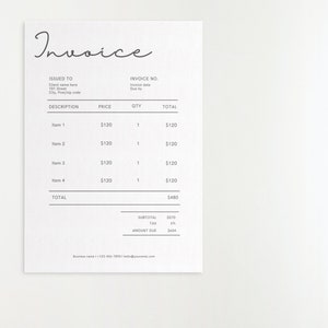 May include: A black and white invoice with the word "Invoice" written in cursive at the top. The invoice lists four items, each priced at $120, for a total of $480. The subtotal is $570, the tax is 4%, and the amount due is $604.