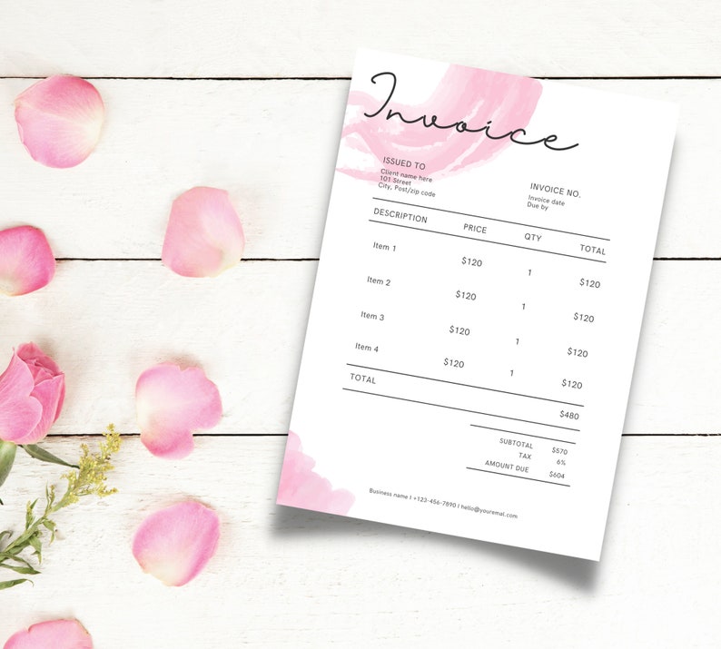 May include: A pink and white invoice template with the word "Invoice" written in cursive at the top. The invoice includes a description, price, quantity, and total columns. The total amount due is $54.04.