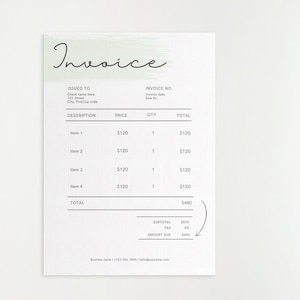 May include: A simple black and white invoice with a green watercolor background. The invoice lists four items, each priced at $120, for a total of $480. The subtotal is $570, the tax is 6%, and the amount due is $604.
