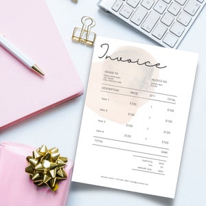 May include: A minimalist invoice template with a watercolor-style background. The invoice includes sections for the client's name, address, invoice number, date, due date, description, price, quantity, and total. The invoice also includes a subtotal, tax, and amount due.