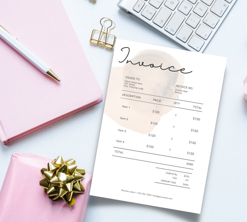 May include: A minimalist invoice template with a watercolor-style background. The invoice includes sections for the client's name, address, invoice number, date, due date, description, price, quantity, and total. The invoice also includes a subtotal, tax, and amount due.