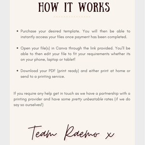 May include: A beige and brown illustrated guide on how to use a digital template. The guide includes three bullet points describing the steps to purchase, edit, and download the template. The text "HOW IT WORKS" is at the top of the page. The text "Team Raemo x" is at the bottom of the page.