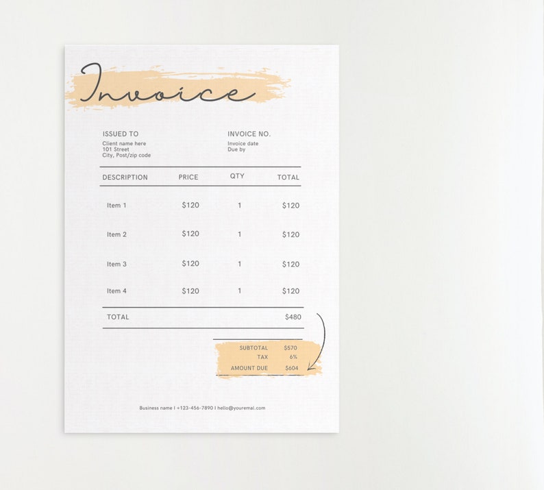 May include: A simple invoice template with a hand-drawn title and a table listing items, prices, quantities, and totals. The invoice includes a subtotal, tax, and amount due.