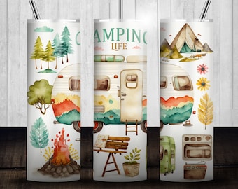 Camping Life 20oz Skinny Tumbler Diseños de sublimación, Descarga digital PNG recta, Camper Van Wrap, Adventure Wrap