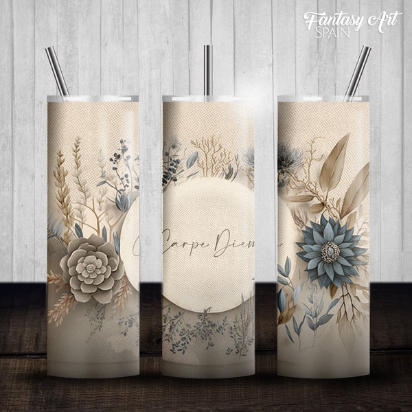 Flores Boho, Carpe Diem 20oz Diseños de sublimación de vaso flaco, Descarga digital PNG recta, Acuarela, Flores vintage, Cotizaciones Boho.