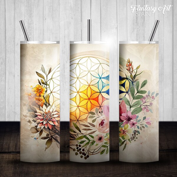 Flower of Life 20oz Skinny Tumbler Sublimation Designs, Straight PNG Digital Download, Geometric Wrap, Floral Wrap, Sacred Geometry Tumbler