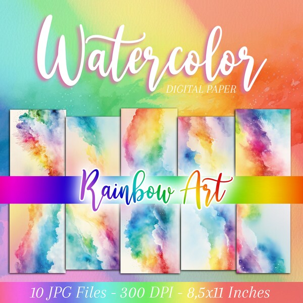 10 Watercolor Digital Paper with Rainbow Gradients, Watercolor Gradients Digital Paper, Watercolor Rainbow Gradients, Digital Paper Rainbow