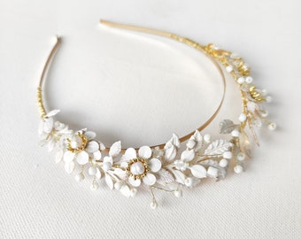 TALIN | fairytale wedding headband halo headband tiara made of white leaves tiara with natural pearls