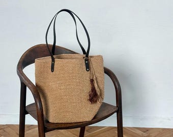 Crochet Jute Tote Bag: Large Beach Bag with Leather Handles