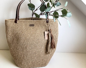 Crochet Jute Tote Bag, Leather Handles – Large Beach Bag