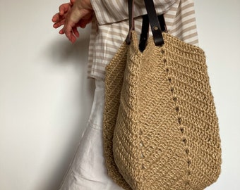 Crochet tote jute bag Eco shopping bag  Hand jute shopper bag Crochet jute shopper bag