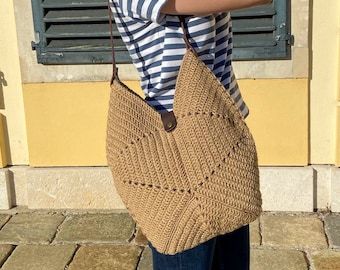 Handmade Jute Tote Bag: Crochet Shopper with Leather Handles