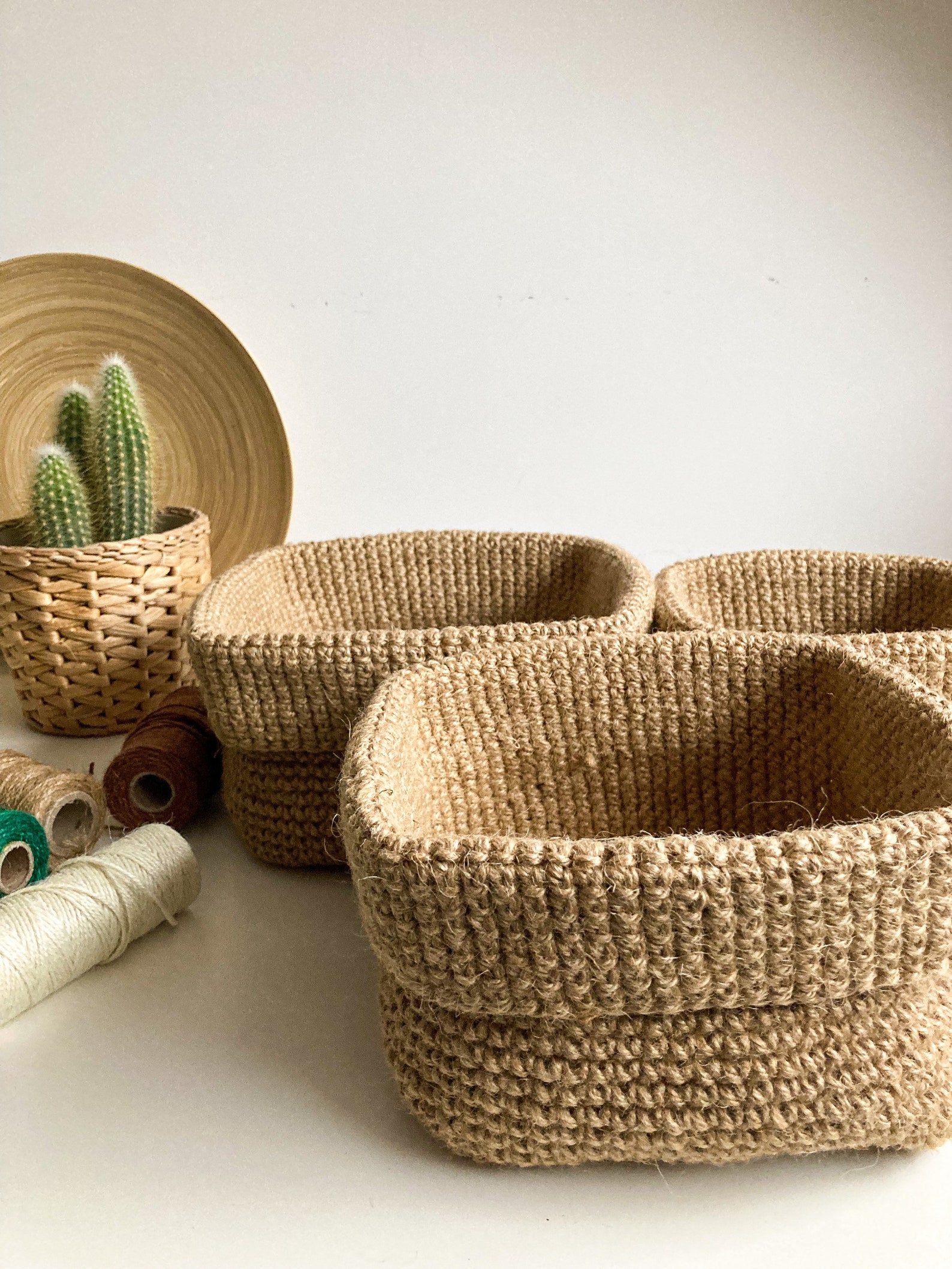 Set of 3 Crochet Jute Baskets, Eco Decorative Baskets Set, Nursery Home