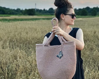 Bolsa tote boho de crochê feita à mão - Bolsa de praia de poliéster