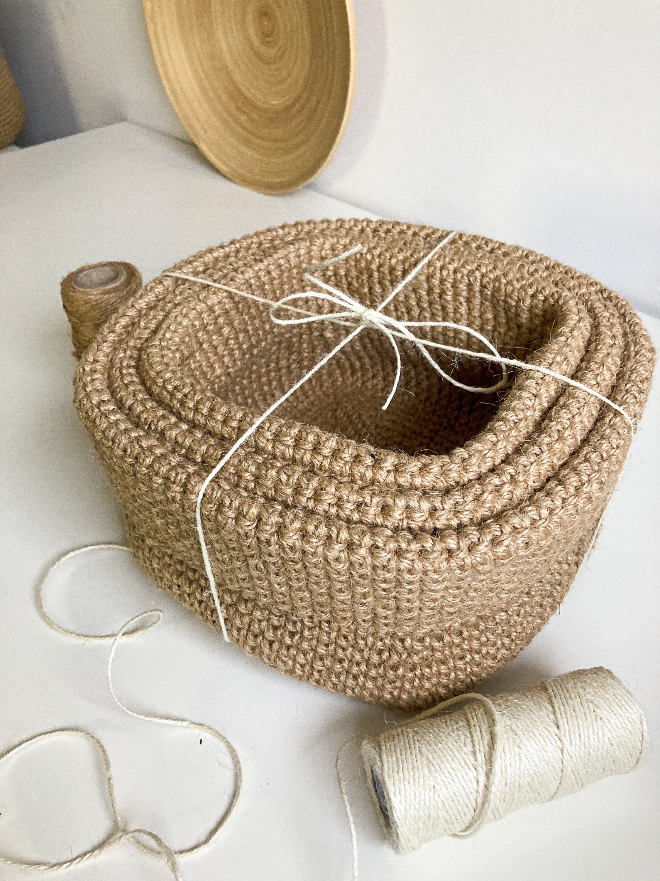 Set of 3 Crochet Jute Baskets Eco Decorative Baskets Set Etsy